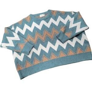 Dreamers Cheveron Crew neck Sweater Teal Tan Cropped fit Size 2XL